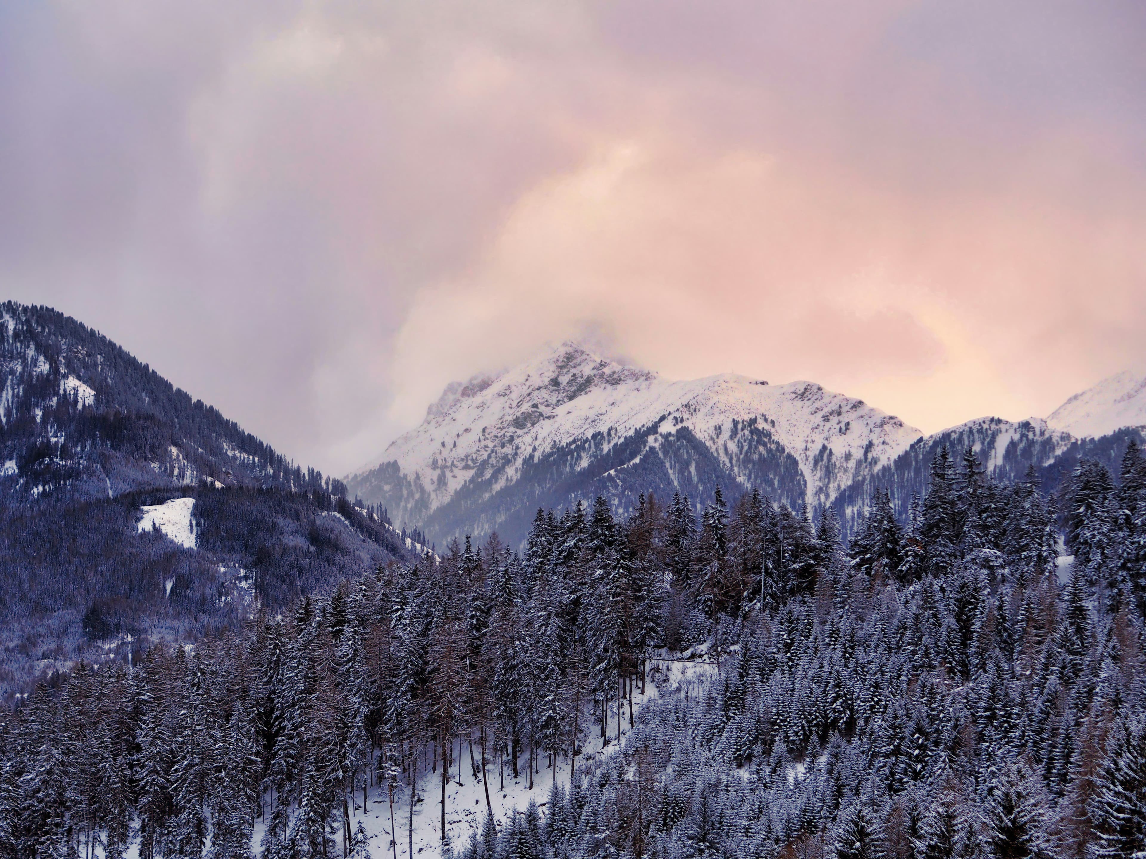 Besneeuwde bossen en bergtoppen in Tirol